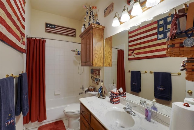 full bathroom featuring tile patterned flooring, shower / bath combo, vanity, and toilet