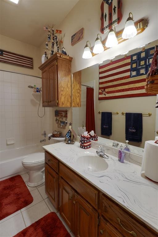 full bathroom with vanity, toilet, tile patterned flooring, and shower / bath combo with shower curtain