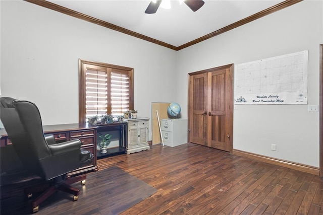 home office with crown molding, ceiling fan, and dark hardwood / wood-style flooring