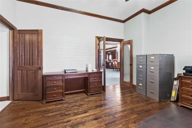 home office with ornamental molding and dark hardwood / wood-style floors