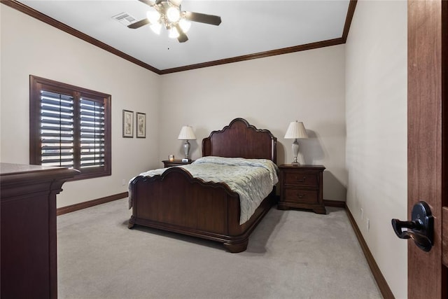 carpeted bedroom with crown molding and ceiling fan