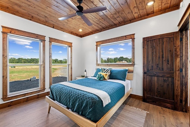 bedroom with access to exterior, wood ceiling, ceiling fan, and hardwood / wood-style flooring