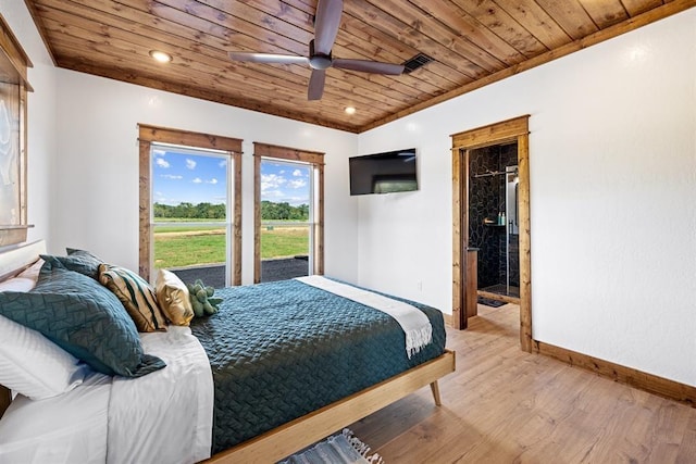 bedroom featuring access to exterior, light hardwood / wood-style flooring, wooden ceiling, and ceiling fan