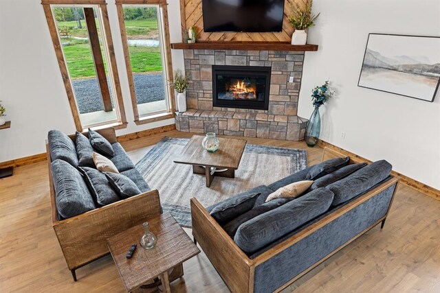 living room featuring a fireplace and light hardwood / wood-style flooring