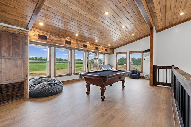 rec room featuring billiards, vaulted ceiling with beams, wood ceiling, and light hardwood / wood-style floors