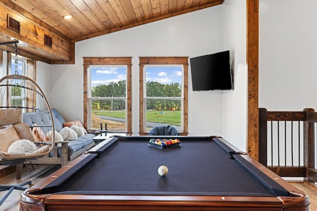 recreation room with hardwood / wood-style floors, wood ceiling, vaulted ceiling, and pool table