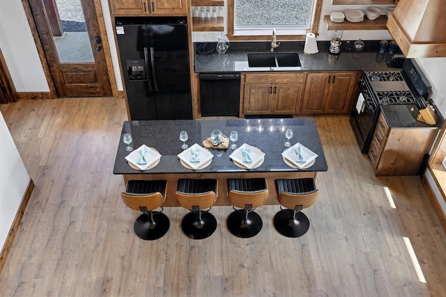 kitchen with sink, light hardwood / wood-style floors, and black appliances