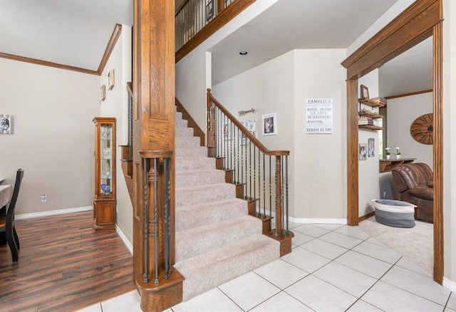 stairs featuring ornamental molding