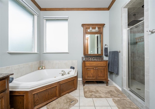 bathroom with ornamental molding, vanity, and tile patterned floors