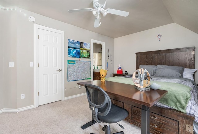 carpeted office featuring ceiling fan and lofted ceiling