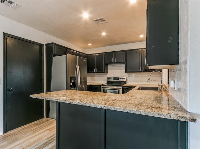 kitchen featuring a peninsula, electric range, a sink, visible vents, and tasteful backsplash