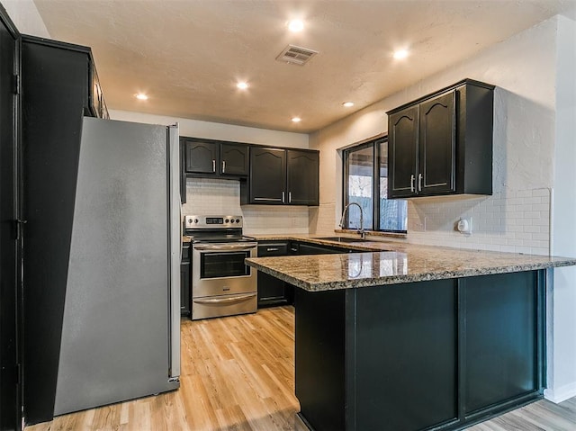 kitchen with stainless steel appliances, a peninsula, a sink, visible vents, and light wood-style floors