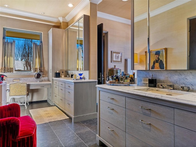 bathroom with tasteful backsplash, vanity, and crown molding