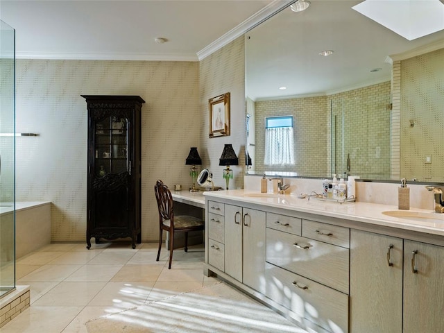 bathroom featuring crown molding, walk in shower, tile patterned floors, and vanity