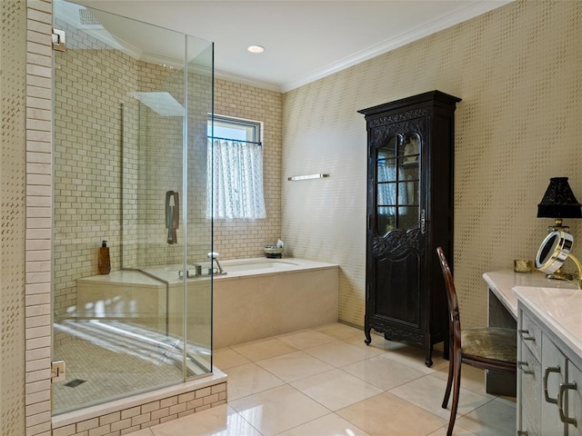 bathroom featuring crown molding, vanity, plus walk in shower, and tile patterned flooring