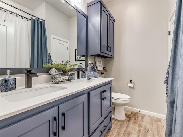 bathroom with vanity, hardwood / wood-style floors, and toilet