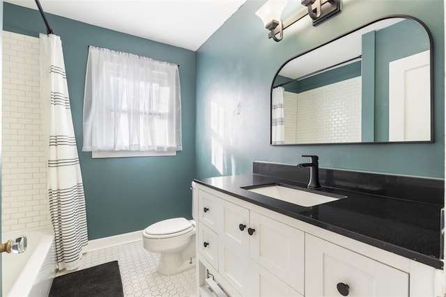 full bathroom featuring tile patterned floors, toilet, shower / tub combo, and vanity