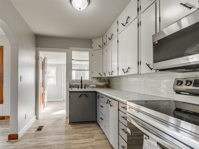 kitchen featuring appliances with stainless steel finishes, sink, white cabinets, backsplash, and light hardwood / wood-style floors