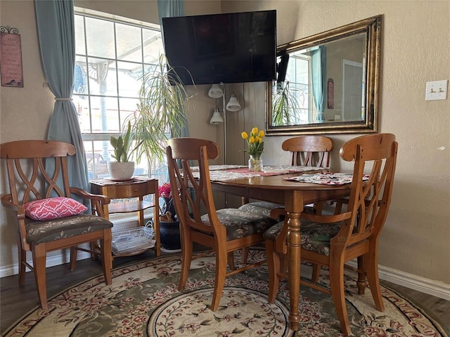 dining room with plenty of natural light, baseboards, and wood finished floors