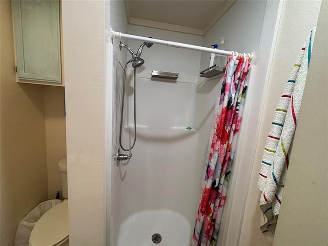 bathroom with a shower stall and toilet