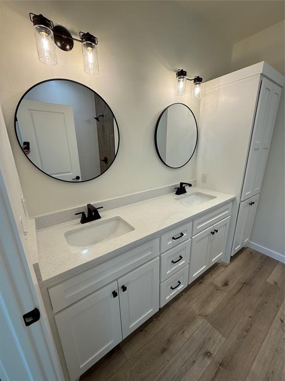 bathroom with vanity and wood-type flooring