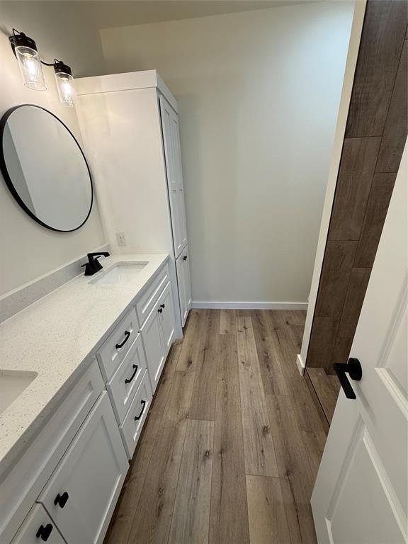 bathroom with wood-type flooring and vanity