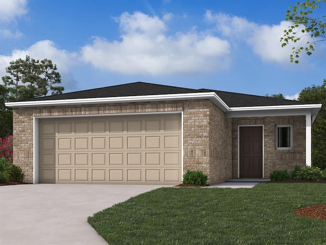 ranch-style home with a garage and a front lawn