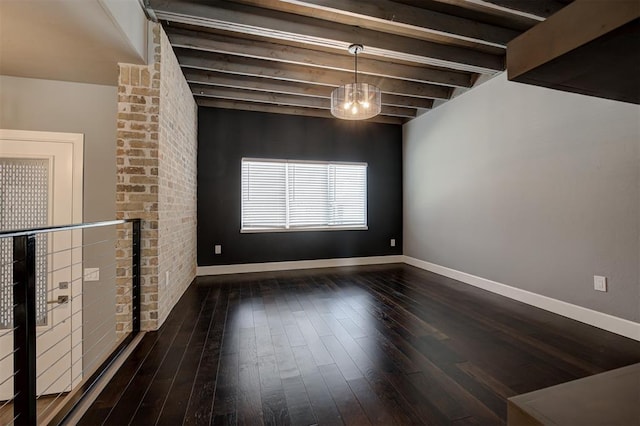 1548 NW 175th Ct, Edmond, OK 73012 - unfurnished living room featuring dark wood-style floors, beam ceiling, baseboards, and a chandelier