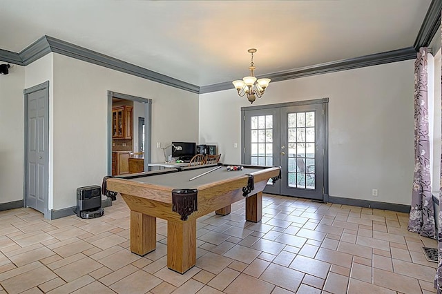 recreation room with french doors, pool table, baseboards, and ornamental molding