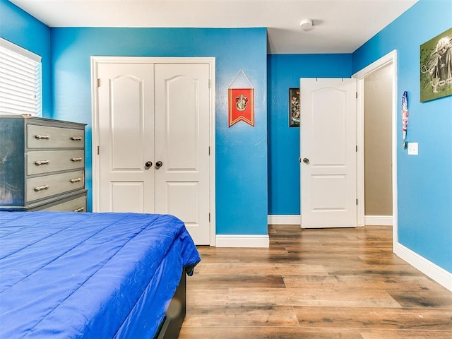 bedroom featuring wood finished floors, baseboards, and a closet