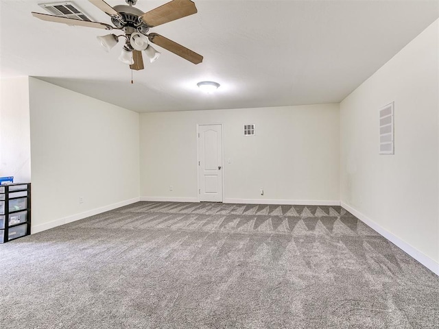 spare room featuring visible vents, ceiling fan, and carpet flooring