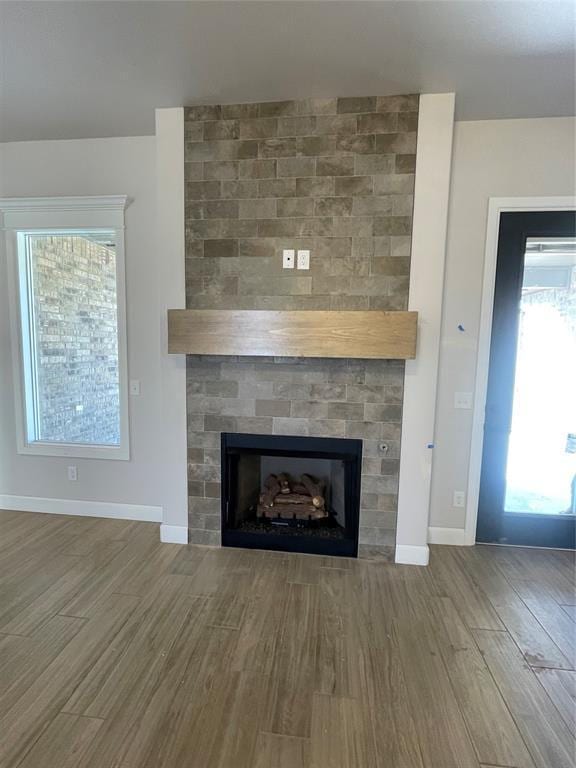 interior details with hardwood / wood-style flooring and a fireplace