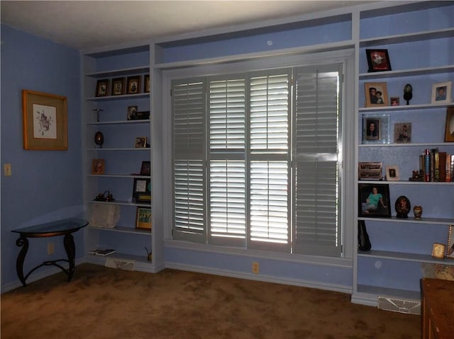 interior space featuring carpet flooring and built in features