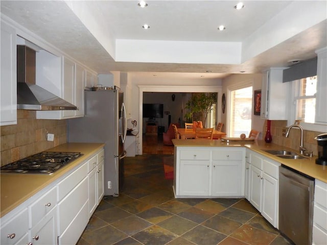 kitchen with wall chimney exhaust hood, sink, a tray ceiling, stainless steel appliances, and white cabinets