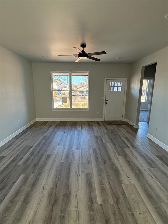 foyer with hardwood / wood-style flooring, plenty of natural light, and ceiling fan