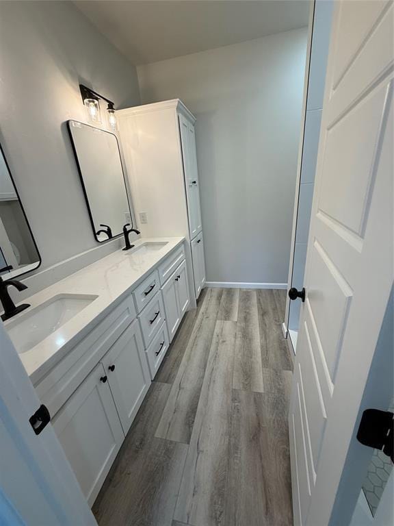 bathroom with wood-type flooring and vanity