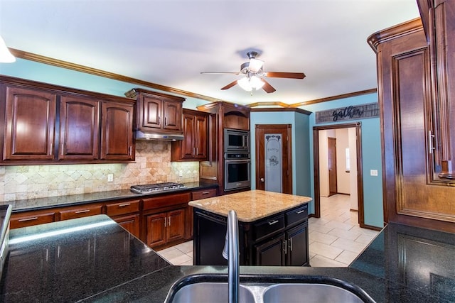 kitchen featuring stainless steel appliances, tasteful backsplash, ornamental molding, and light tile patterned floors