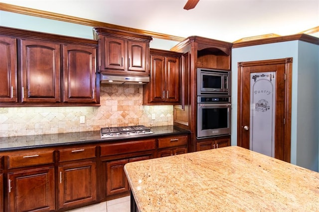 kitchen with crown molding, dark stone countertops, ceiling fan, stainless steel appliances, and decorative backsplash