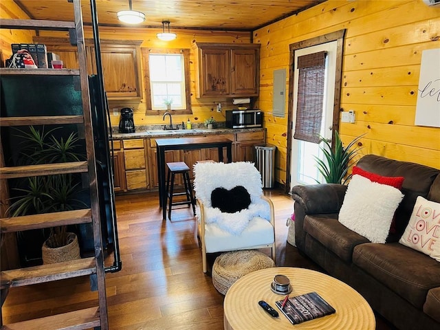 living room with wood walls, sink, electric panel, dark wood-type flooring, and wooden ceiling