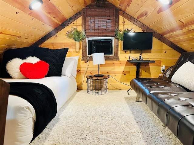 carpeted bedroom featuring wood ceiling, wooden walls, and vaulted ceiling