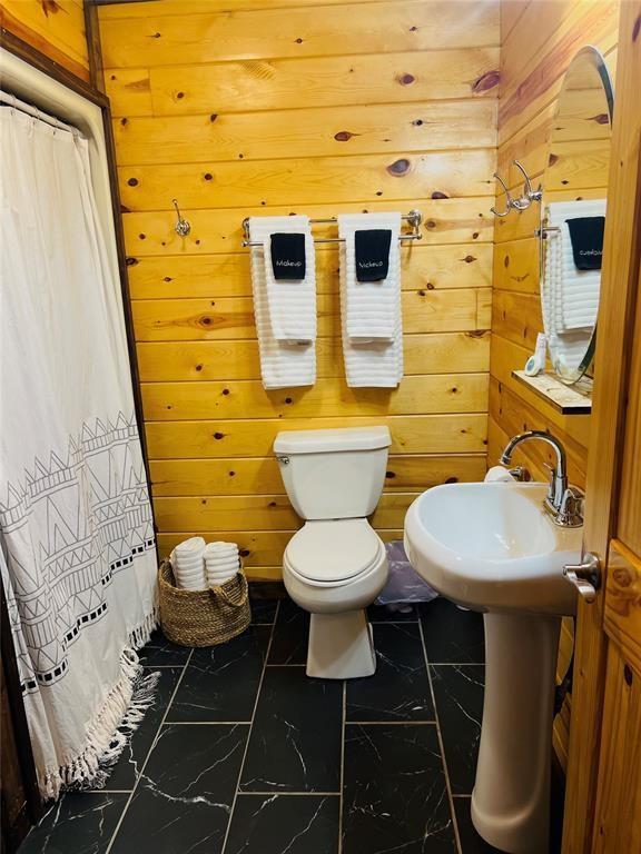 bathroom featuring toilet, sink, wooden walls, and walk in shower