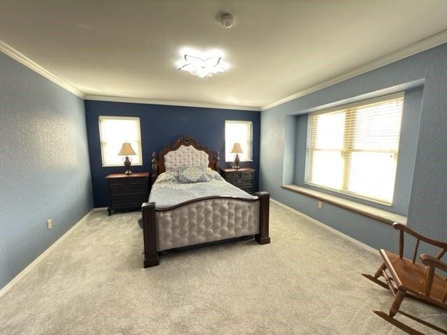 bedroom featuring multiple windows, crown molding, and light carpet