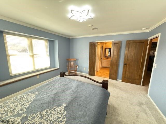 carpeted bedroom with crown molding and ensuite bath