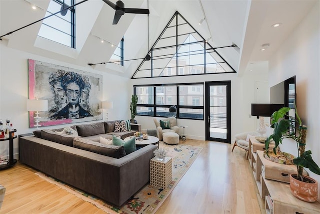 living room featuring light hardwood / wood-style flooring, high vaulted ceiling, and rail lighting