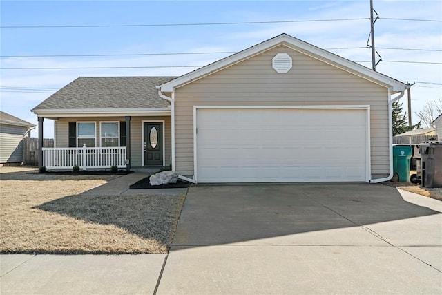 ranch-style house with concrete driveway, roof with shingles, a porch, and a garage