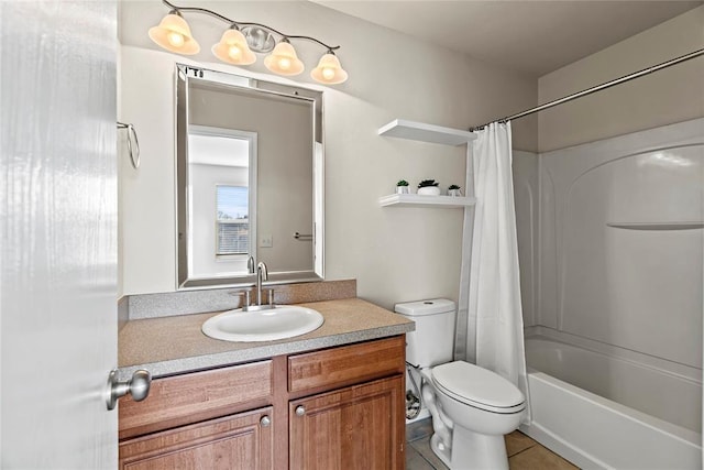 full bath featuring toilet, tile patterned floors, vanity, and shower / tub combo with curtain