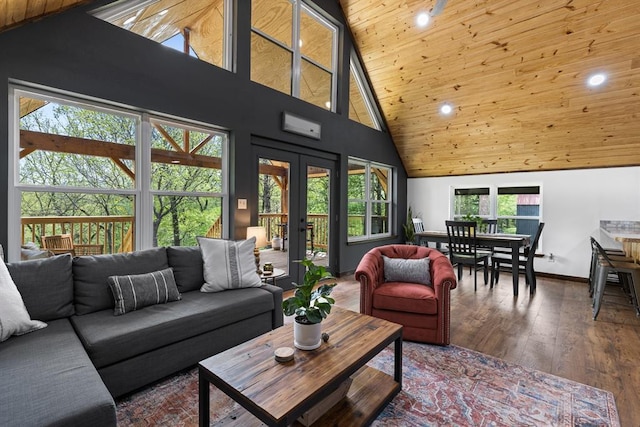 living room featuring wood-type flooring, a wealth of natural light, high vaulted ceiling, and wooden ceiling