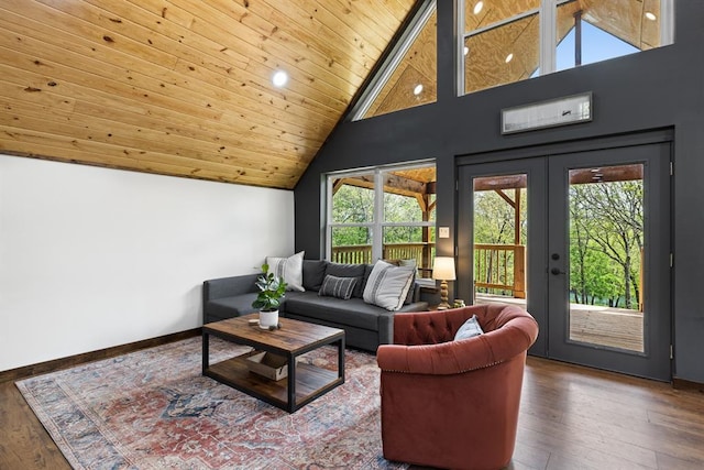 living room featuring wood ceiling, high vaulted ceiling, french doors, and hardwood / wood-style flooring