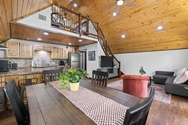 dining space with wood ceiling and wood-type flooring