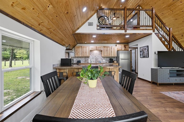 dining area featuring dark hardwood / wood-style flooring, sink, vaulted ceiling, and wooden ceiling